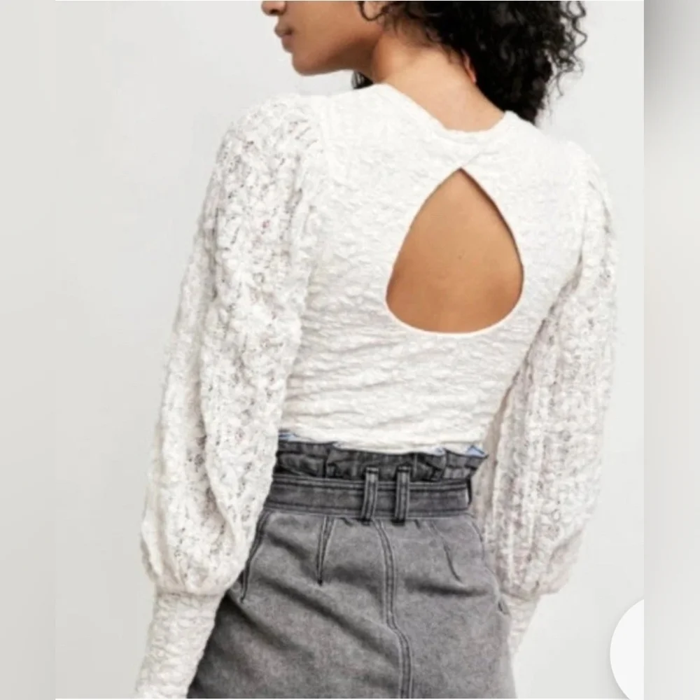 Free People Tea Time White Lace Puffy sleeve top, MEDIUM